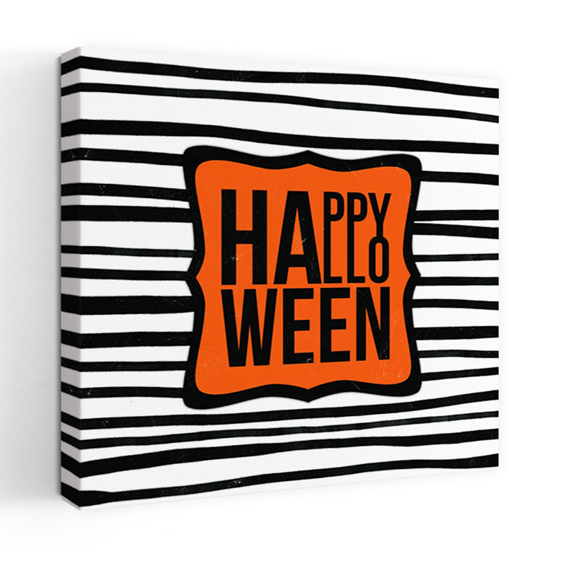 Art contemporain abstrait rayé Happy Halloween, H 18 po x l 18 po