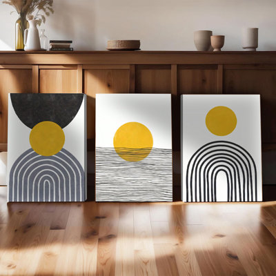 Ensemble de 3 affiches d'art mural encadrées, ensemble de 3 impressions murales abstraites modernes, motifs géométriques minimalistes avec soleil jaune et motifs gris noir, toile décorative pour salon, bureau de chambre à coucher, décoration de mais