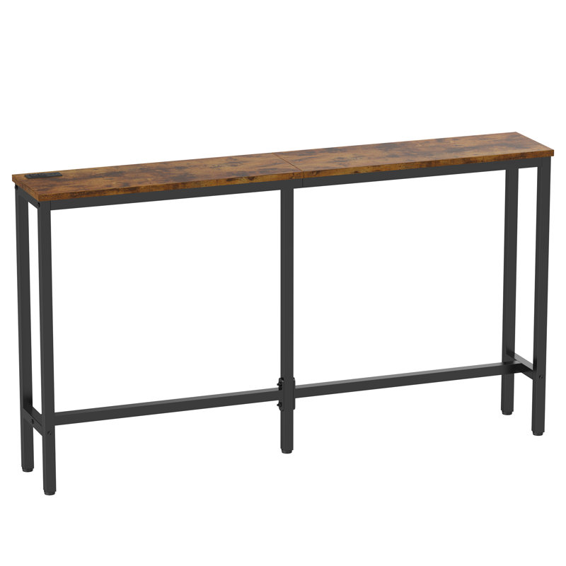 Console Table with Outlet, 63 Inch Sofa Table with Charging Station, 31.5" H x 63" W x 8" D, Brown