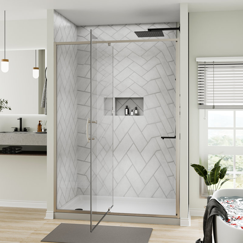 Porte de douche semi-sans cadre à pivot 44-48 "de large x 71" de haut avec verre transparent, Nickel brossé