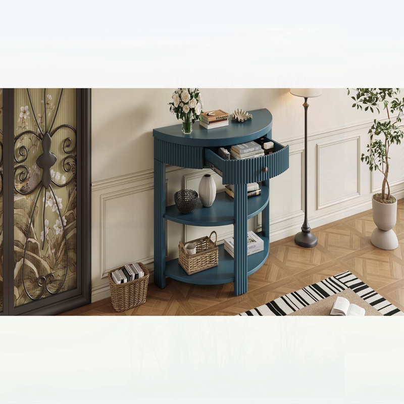 Console cannelée demi-lune avec tiroir et 2 tablettes pour l'entrée, le salon et le couloir (bleu marine), Marine, Marine