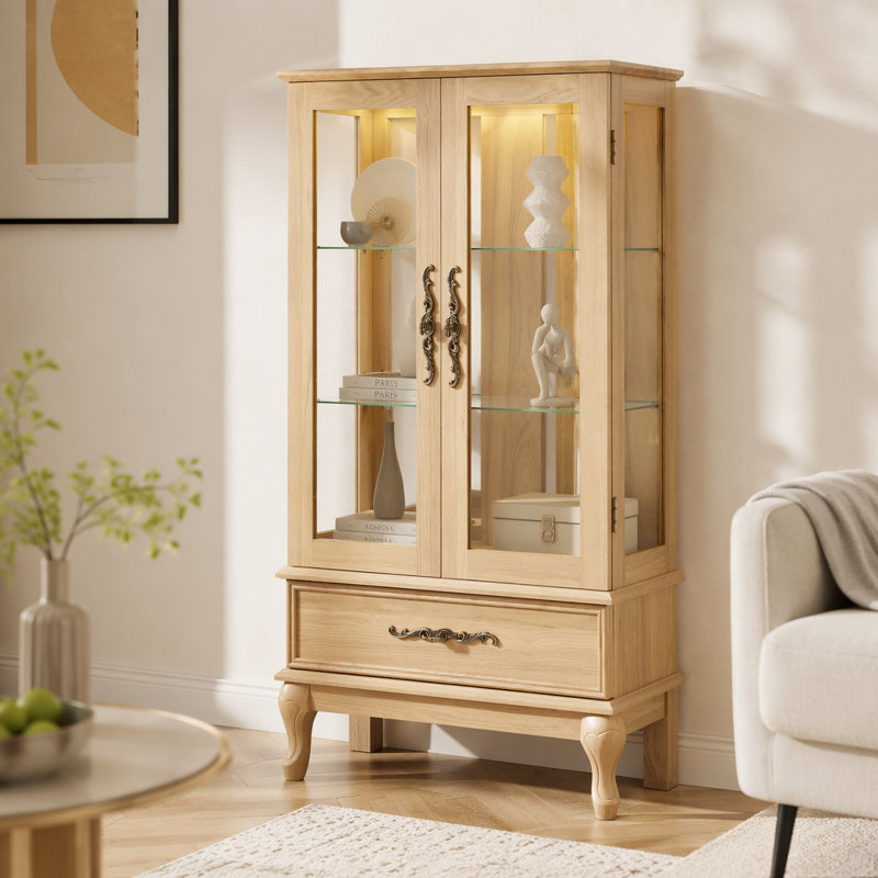 Vitrine lumineuse - Vitrine élégante en verre avec tablettes réglables, 2 portes et 1 tiroir - Buffet de rangement pour le vin avec ampoule incluse - Finition chêne clair