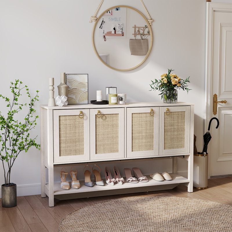 Sideboard Buffet Cabinet With Storage, Boho Credenza Storage Cabinet With 4 Doors And Adjustable Shelf, Wood Coffee Bar Console Cabinet Buffet Table For Kitchen, Dinning Room, Entryway