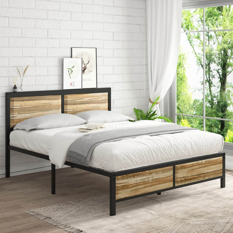 Single/Double Size Bed Frame with Wood Headboard and Footboard, Metal Platform Mattress Foundation with Strong Steel Slats, No Box Spring Needed