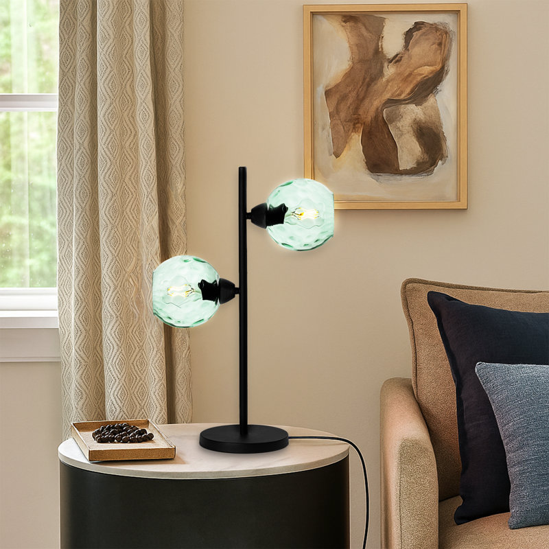 Lampe de table à culot en verre 2 lumières avec base en métal noir - Double lumière moderne, Vert, Noir