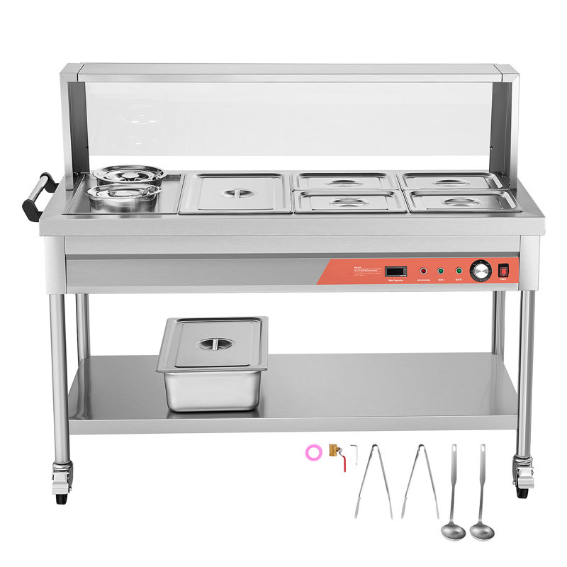 5 Pans + 2 Pots Commercial Food Warmer Steam Table with Undershelf Shield