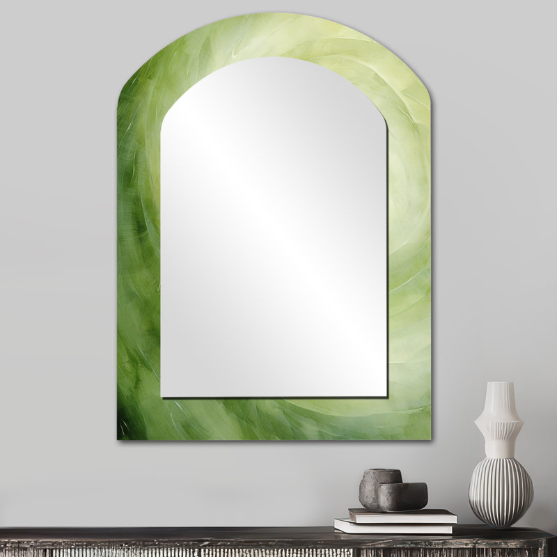 Green Serene Spiral Dreams - Abstract Spirals Arch Wall Mirror, Green Asymmetrical Decorative Mirror, Printed Metal Art