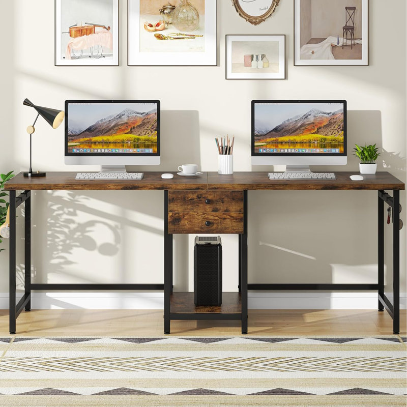 Bureau d'ordinateur 79 pouces pour deux personnes avec tiroirs et tablettes de rangement, table de travail double extra longue avec crochets, bureau d'écriture pour bureau personnel, brun rustique
