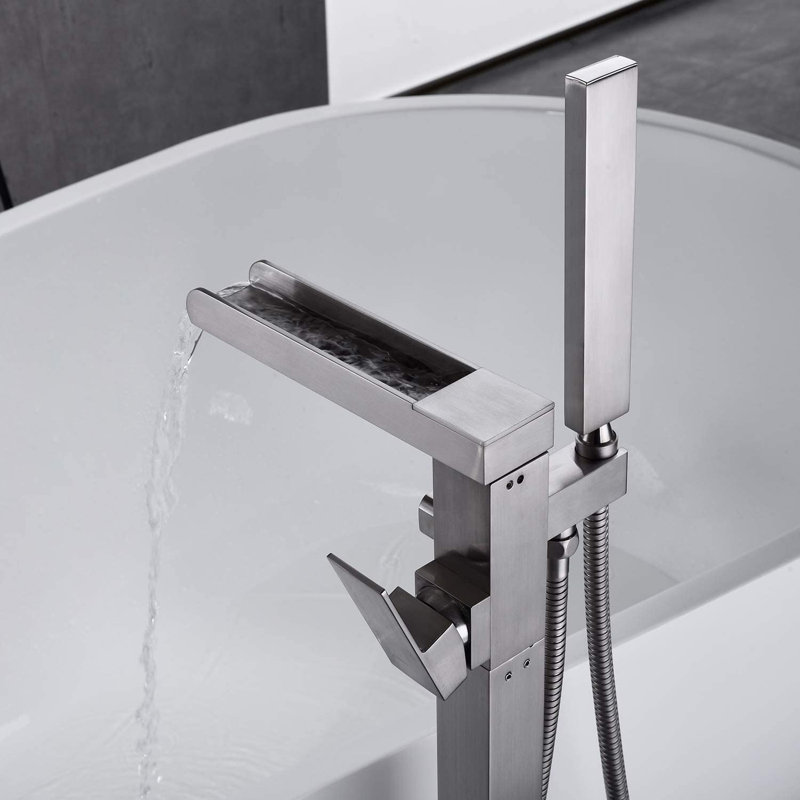 Brushed Nickel Freestanding Waterfall Tub Filler Faucet with Hand Shower