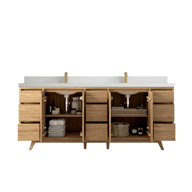 Ensemble de meuble-lavabo double 84 po, Naturel, Blanc