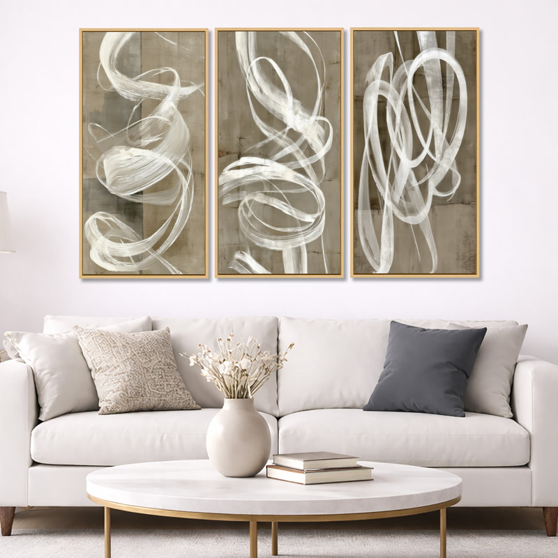 Ensemble de 3 reproductions d'art sur toile abstraites blanches et grises, 32" H x 48" W, Natural Wood Floater Framed