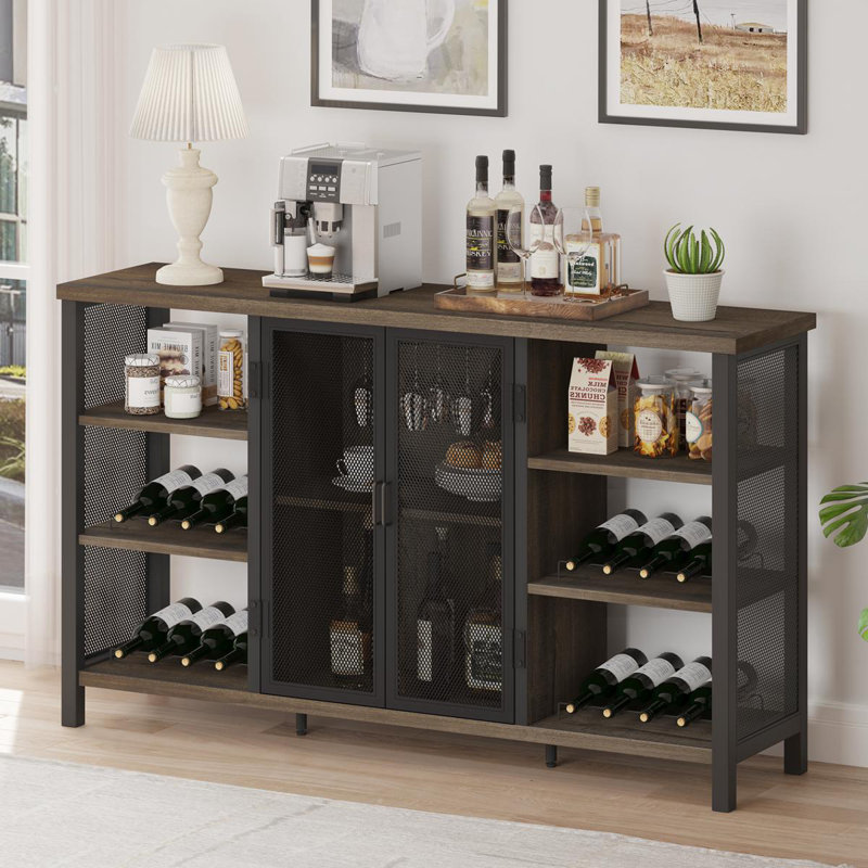 Guinna Industrial Wine Bar Cabinet For Liquor And Glasses, Farmhouse Wood Coffee Bar Cabinet With Wine Rack, Metal Sideboard And Buffet Cabinet