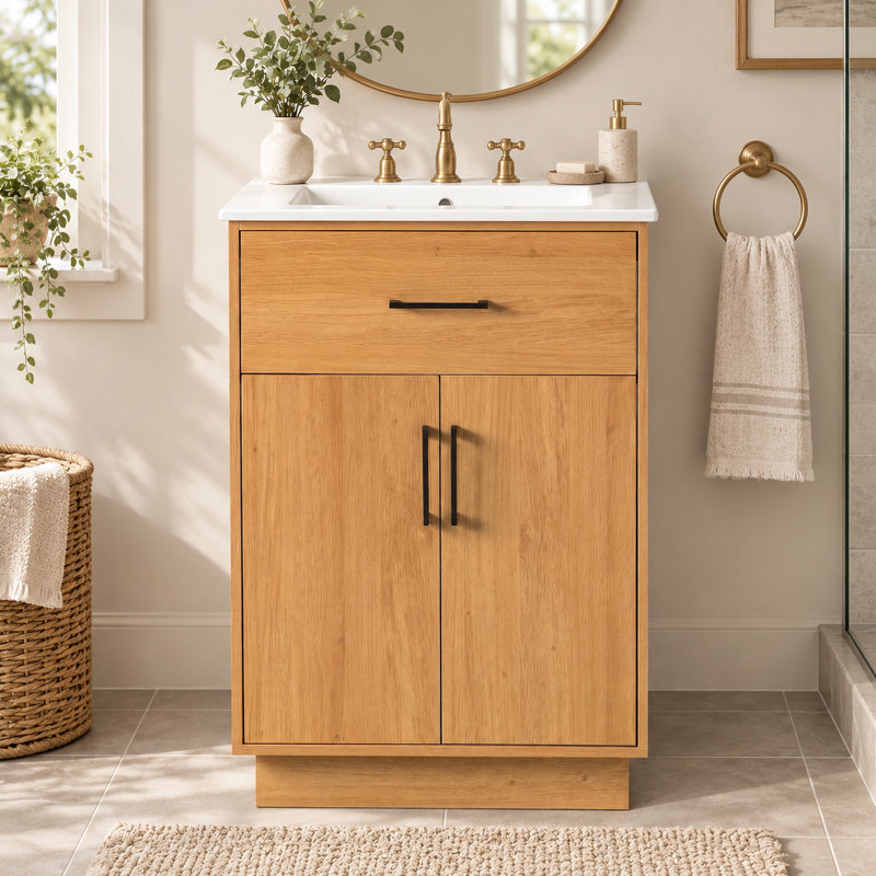 Meuble-lavabo simple autoportant de 24 po avec comptoir en céramique et rangements intégrés