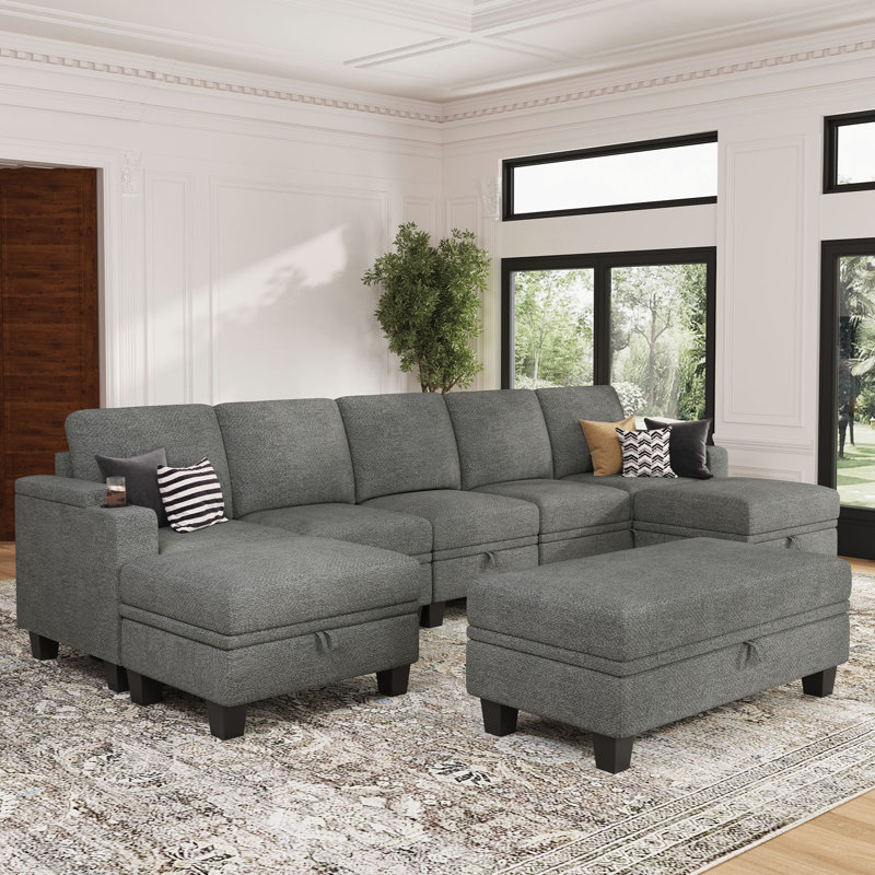 Anjana Jenette Large Chenille Modular Storage Couch U Shaped Modular Sofa With Removable Washable Cushion And Movable Storage Ottomans And Cup Holder