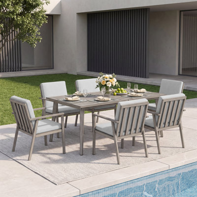 Ensemble de salle à manger d'extérieur 7 pièces, mobilier de patio en aluminium avec trou pour parasol, ensemble repas d'extérieur résistant aux intempéries pour 6 personnes, ensemble table et chaises pour terrasse, jardin, piscine, cour, chêne blanchi