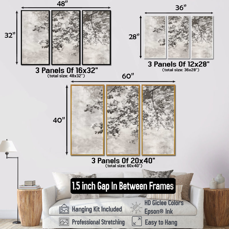 Arbre noir en fleurs dans un paysage à encre de Chine - ensemble de décorations murales chinoises, H 40 po x l 60 po, Noir