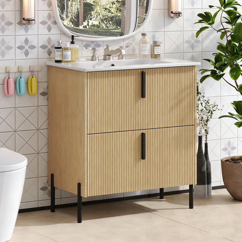 Meuble-lavabo avec lavabo et 2 tiroirs, Naturel