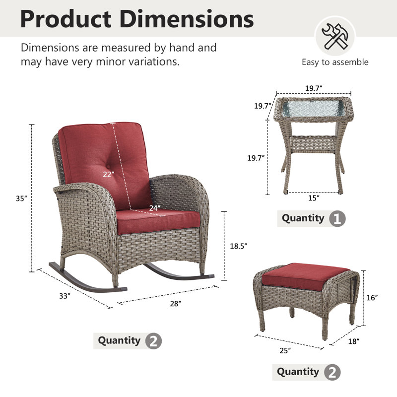 Ensemble de chaises berçantes d'extérieur en rotin 5 pièces avec repose-pieds, Rouge, Gris