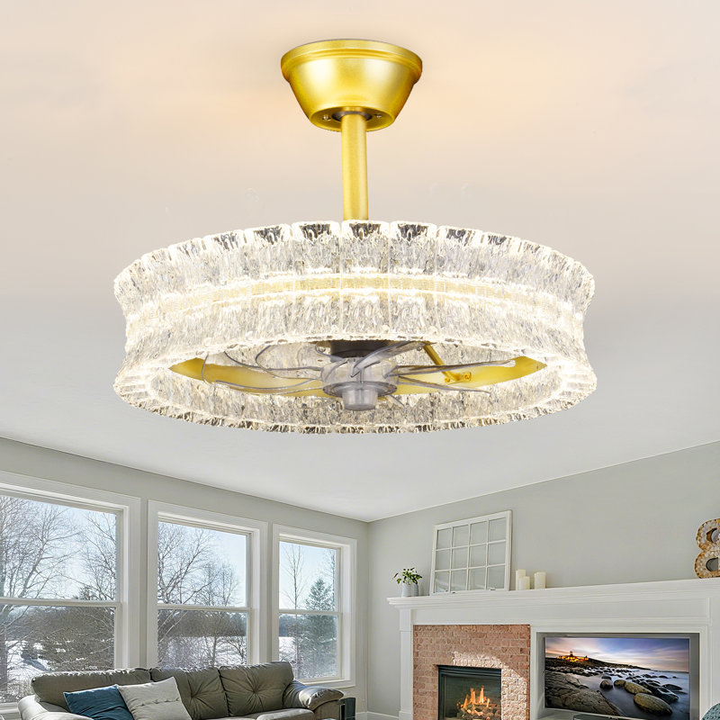 Luxury Crackle Crystal Ceiling Fan Chandelier, 20" Gold Fandelier with Invisible Blades, Dimmable LED Fan Light with Remote for Modern Home Decor