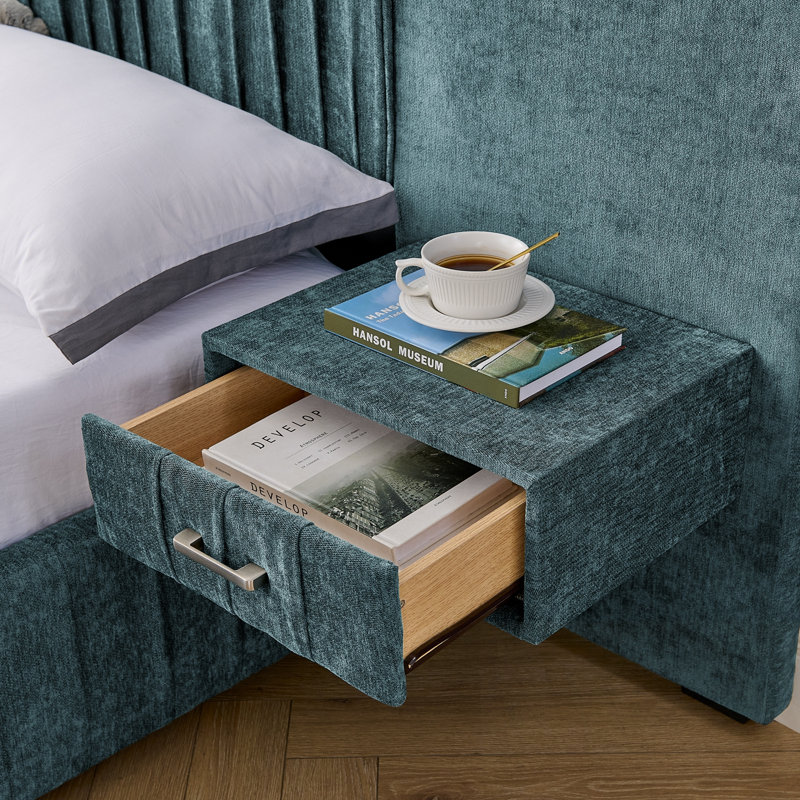 Très grand cadre rembourré Lillie avec tissu chenille plissé, Bleu-vert