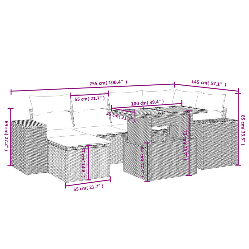  Ensemble de canapé de jardin en rotin PE 7 pièces avec accoudoirs réglables, Noir