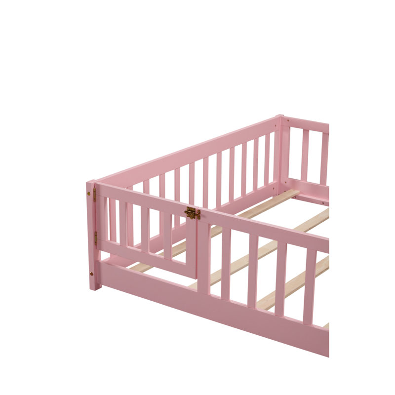 Lit de plancher avec clôture et porte, lit de plancher en bois d'hévéa avec garde-corps de sécurité, Rose foncé