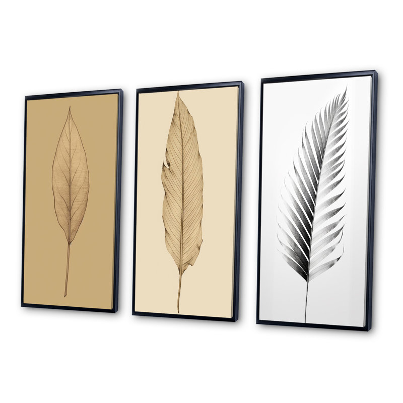 «Minimal Botanicals, feuille simple sur beige II», 3 pièces, Cadre flottant noir, H 40 po x l 60 po