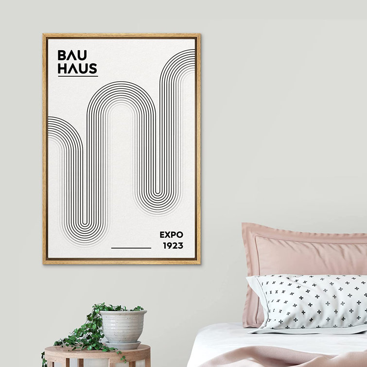 Bauhaus Geometric Black Color Wave Abstract Shapes Illustrations - Floater Frame Painting on Canvas SIGNLEADER Format: Brown, Size: 36 H x 24 W x 1.