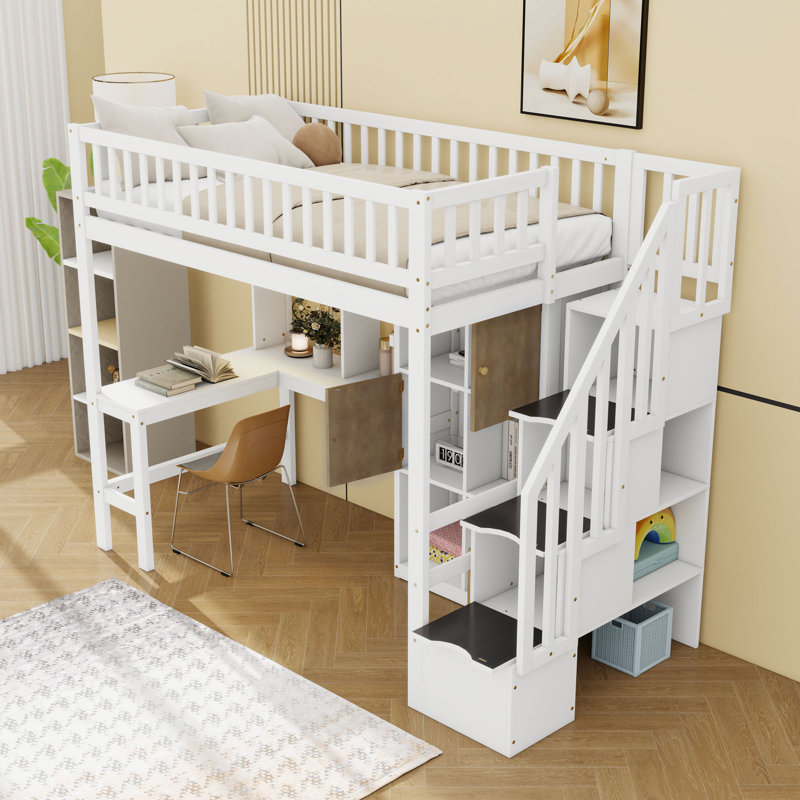 Lit mezzanine simple en bois avec bureau intégré, lumière DEL et escalier, Blanc