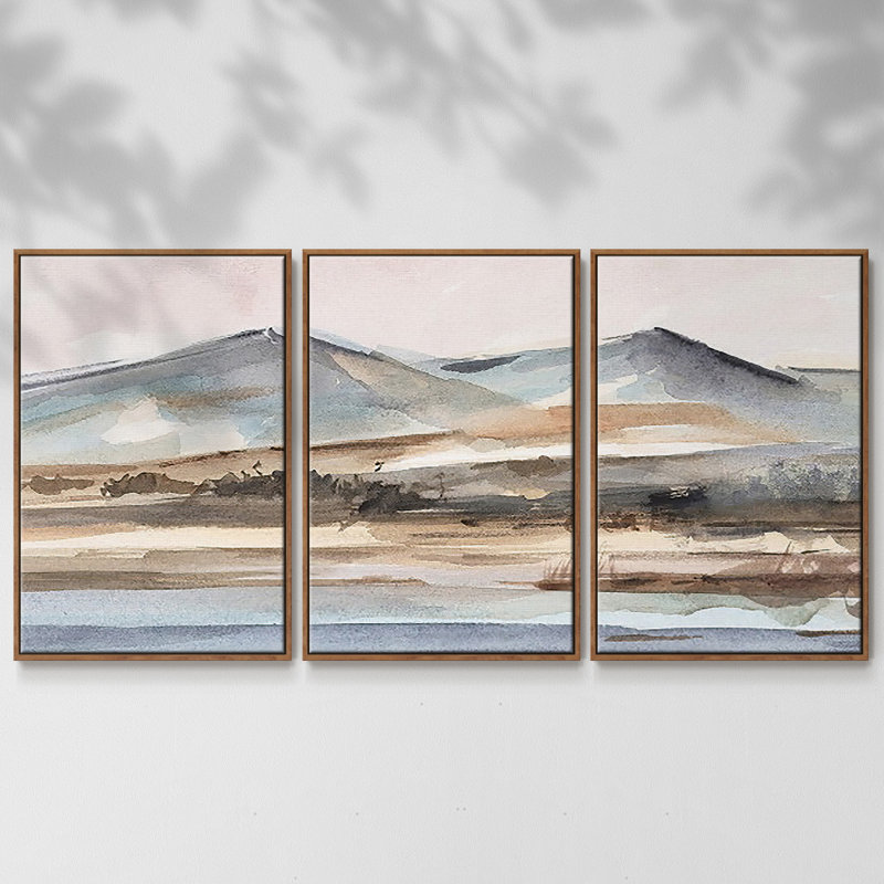 Autumn Mountain Valley II, peinture sur toile 3 pièces, H 24 po x l 48 po, Cadre noyer
