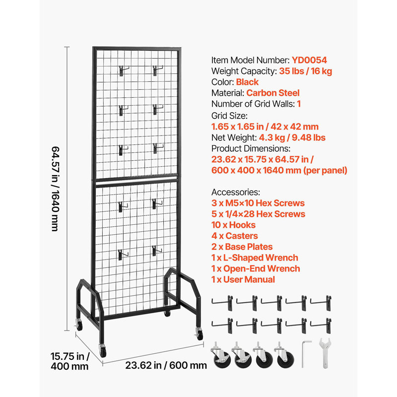 Présentoir mural grillagé 1,9 x 5,4 pi Grid avec roues et 10 crochets