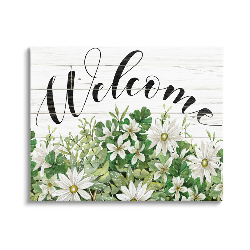 «Welcome Rustic Planked Sign White Flower Blossoms» par Cindy Jacobs - cadre flottant, impression sur toile, Toile tendue