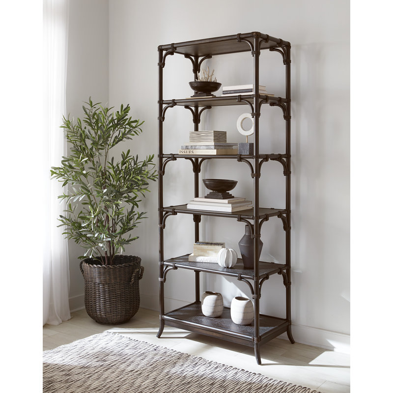 Black Sand Oak Veneer Transitional Bookcase with Bamboo Motif