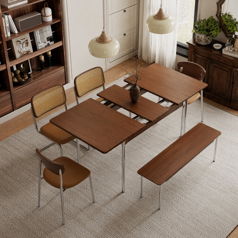 Mid-Century Style Extendable Dining Table with Metal Legs, Ideal for Dining Rooms, Bedrooms and Other Spaces, Brown