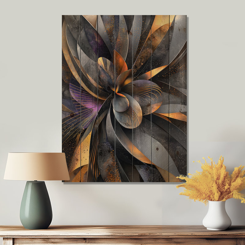 Fleur, pétale de dahlia géométrique en mouvement II - art mural en bois de dahlia - sur bois de pin naturel