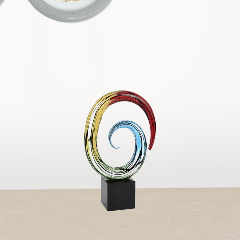 Murano Style Art Glass 10" Rainbow Swirl Centerpiece On Black Crystal Base, 10" H x 2" W x 6" D, Black/Rainbow