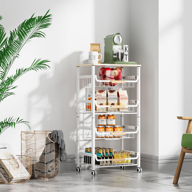 Fruit Basket Kitchen Food Organizer and Rack, Stackable Storage Cart with Desktop, Pull-Out Hollow Metal Basket, Sliding Out Storage