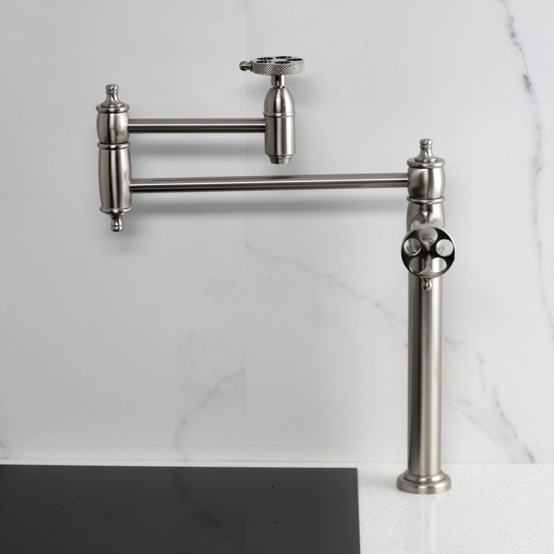 Kingston Brass Webb Two-Handle 1-Hole Deck Mount Pot Filler Faucet with Knurled Handle, Brushed Nickel