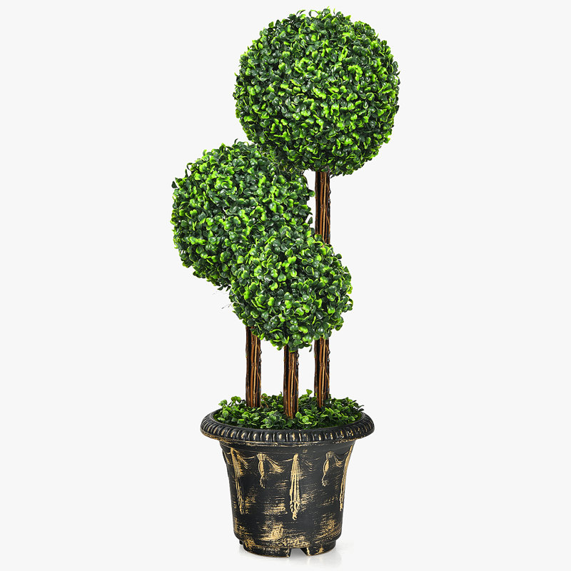 UV Resistant Artificial Boxwood Triple Ball Topiary, Black/Light Yellow, 36" H x 12" W x 12" D