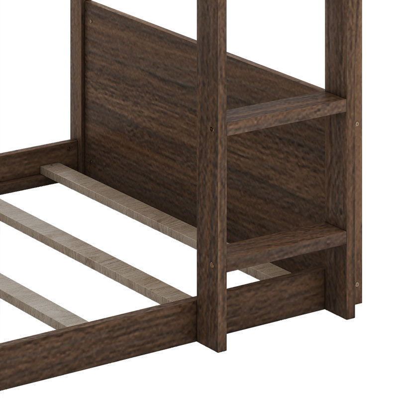 Twin Over Twin Floor Bunk Bed, Antique Oak