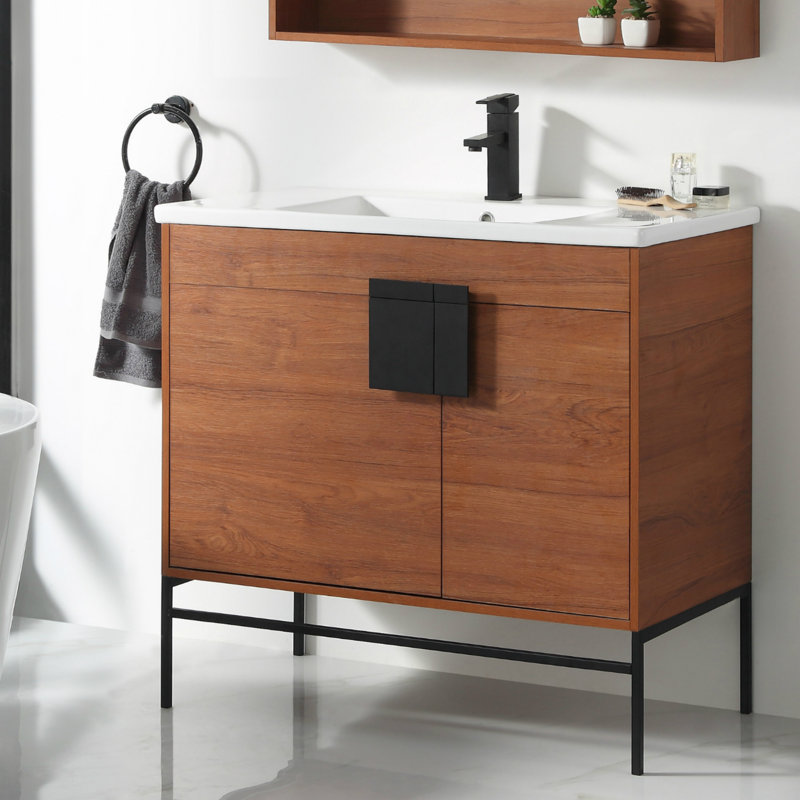 Ensemble de meuble-lavabo simple 36 po Maisie, Noir mat, Noyer épicé