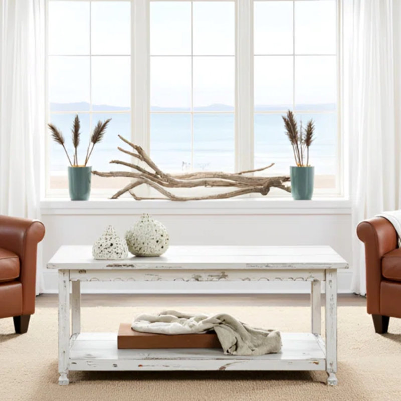 Country Cottage Farmhouse Coffee Table - 42x24x18 Inch Coffee Table with Storage Shelf for Living Room Decor - Rustic Living Room Furniture (White Antique)