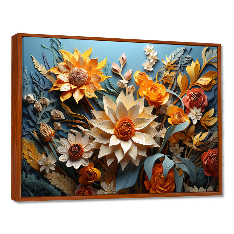 Tournesol jaune, bleu, tournesol, symphonie, H 30 po x l 40 po x P 1,5 po, Cadre flottant brun