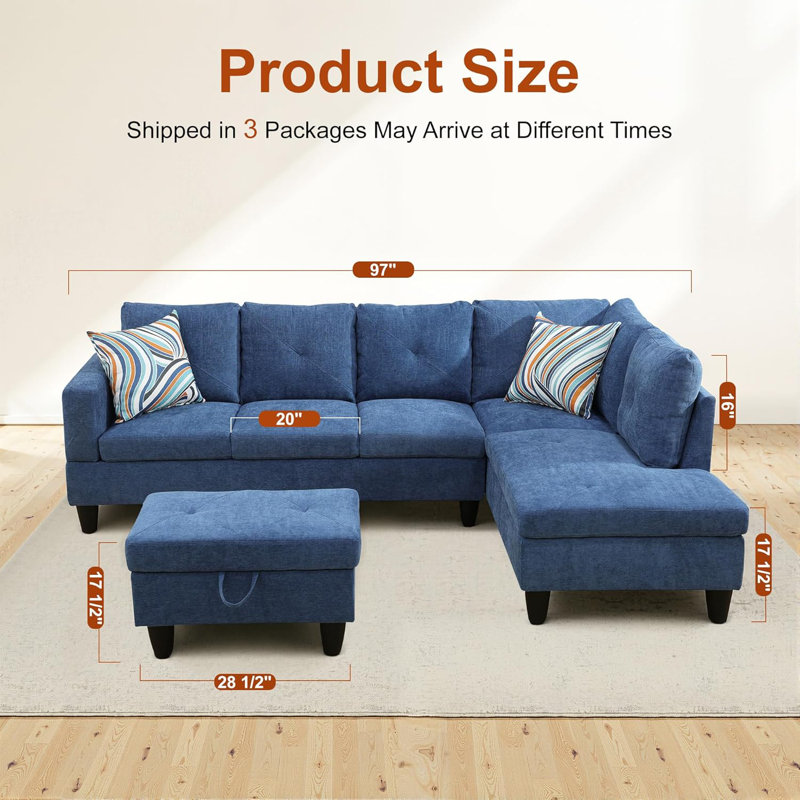 3-Piece Linen Sectional Sofa, Right Hand Facing, Blue