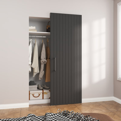 Concealed/Invisible Prefinished/Laminated Black Magic Fluted Sliding Barn Doors With Installation Hardware Kit and Door Handle