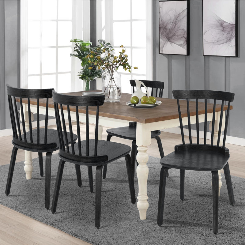 Nadilyn Solid Wood Slat Back Windsor Side Chair, Black, Black