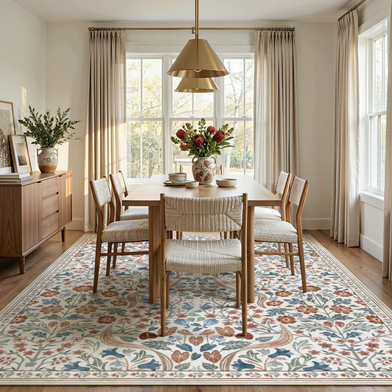 Tapis lavable à motif floral Kaldi, Rectangulaire 8 pi x 10 pi, Beige
