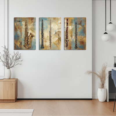 Musical Instruments Saxophone Clarinet Oboe And Bassoon Canvas Wrapped Wall Art Oil Painting Print Set Of 3