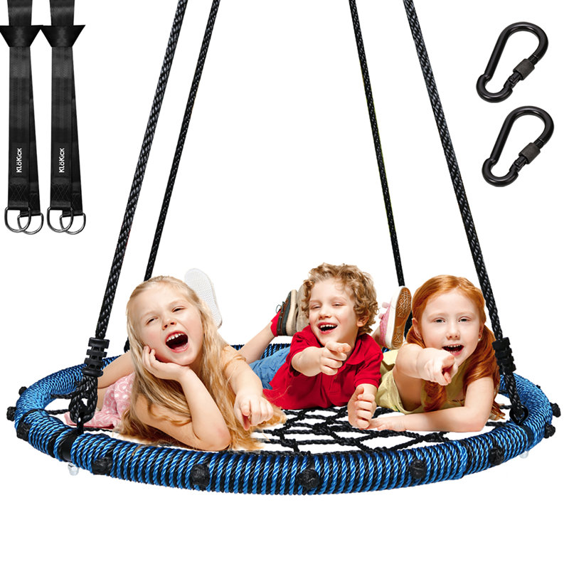45inch Web/Saucer Swing with 2pcs Tree Hanging Straps, Steel Frame and Adjustable Ropes, Blue