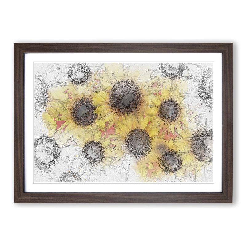 Wall of Yellow Sunflowers in Abstract - Picture Frame Graphic Art Print, 50cm H x 76cm W x 2cm D, Walnut